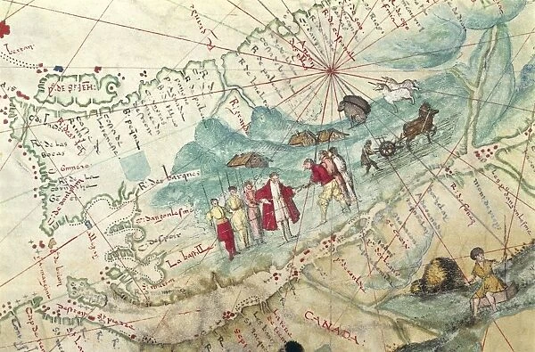 Jacques Cartier in Canada, map by Pierre Descelliers, 1536-1542