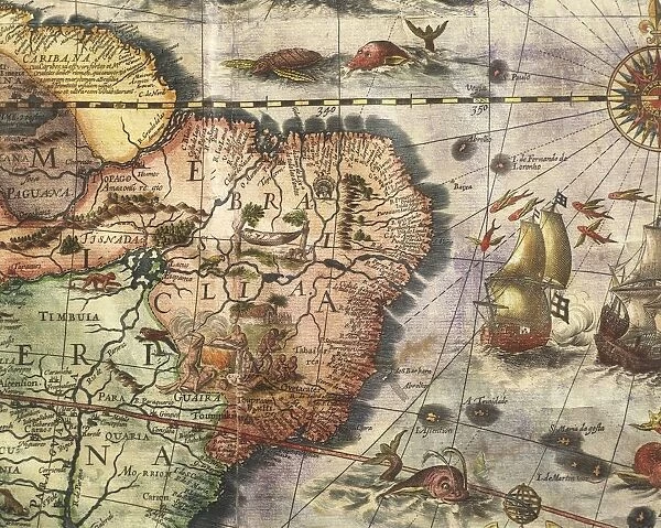 Map of America created by Joan Blaeu, 1686, details: Brazil and the Amazon