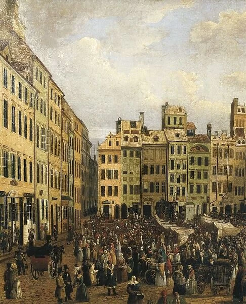 Poland, Warsaw, Painting of Old Town Square on market day