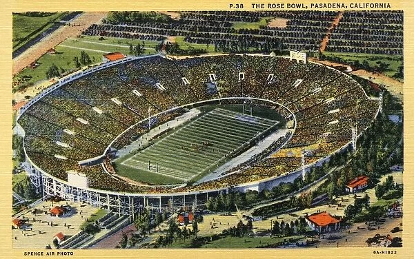 The Rose Bowl. ca. 1936, Pasadena, California, USA, P-38. THE ROSE BOWL, PASADENA, CALIFORNIA. THE ROSE BOWL. The scene of teh East-West football championship, which is decided annually on New Years Day. Each year the Tournament of Roses invites the western university whose team has made the most outstanding record during the season. That university in turn invites its opponent of like standing from the East. This game has become a national classic