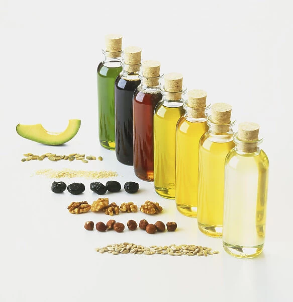 Row bottles, with cork stoppers, containing avocado, pumpkin, sesame, olive, walnut, hazelnut, and sunflower oils