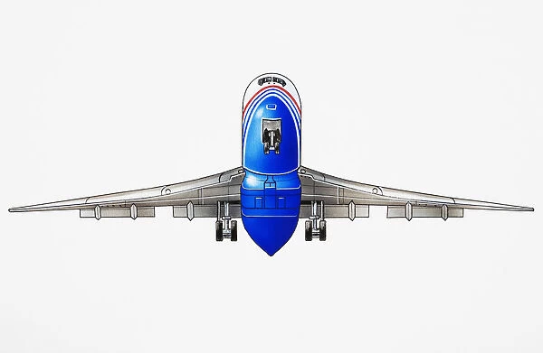 American, long-range, wide-body commercial aircraft, low angle view