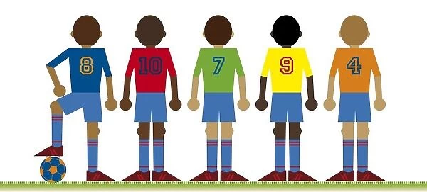 Digital illustration of five football players, rear view