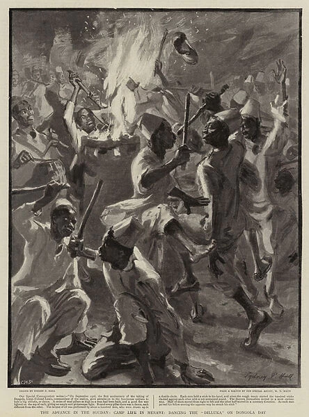 The Advance in the Soudan, Camp Life in Merawi, Dancing the 'Dilluka'on Dongola Day (litho)