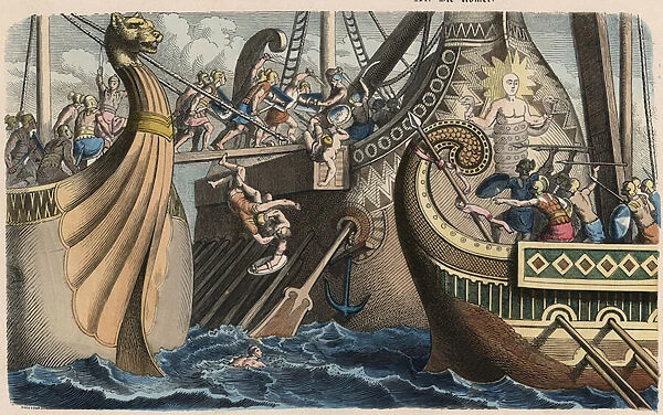 Ancient Rome: Sea battle with gangplank, 1866 (coloured engraving)