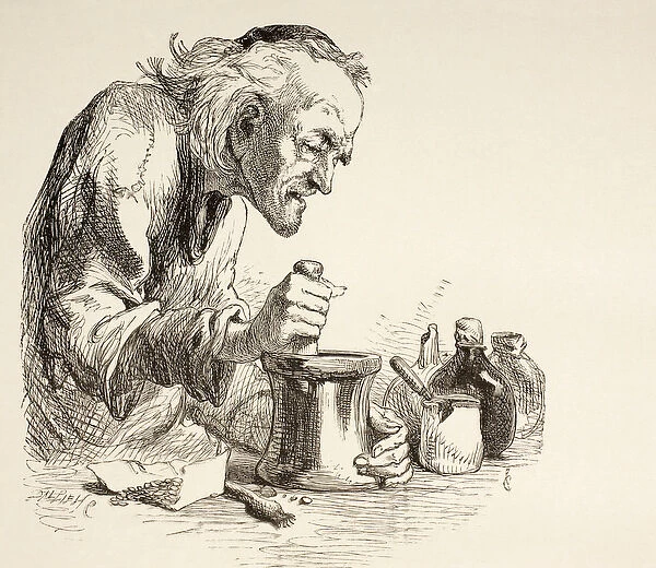 An apothecary grinding herbs, from The Illustrated Library Shakespeare