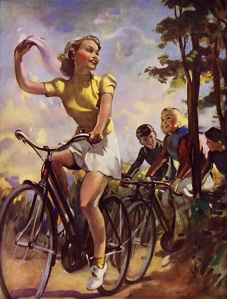 Boys and girls on a cycle ride (colour litho)