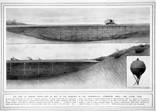 Electro-contact submarine mines, from The Illustrated War News, 31st March 1915 (litho)