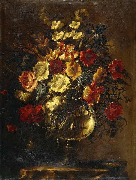 Flowers in a Glass Vase on a Rock, (oil on canvas)
