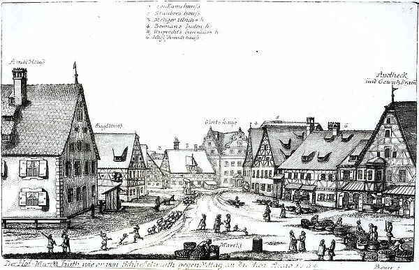 German Market town, 1704 (engraving) (b  /  w photo)