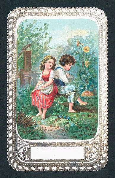 Girl and Boy sitting on rock, New Year Card (chromolitho)