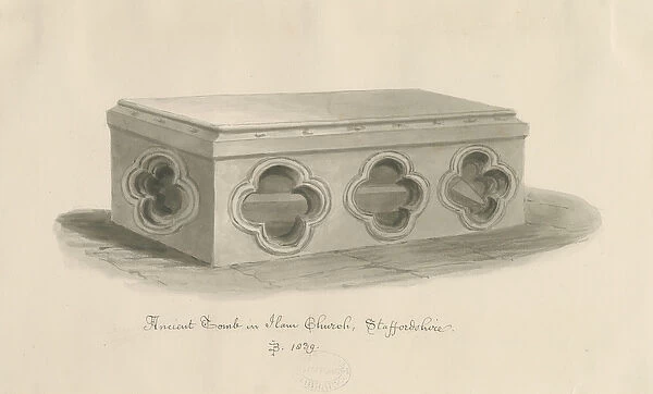 Ilam Church - Tomb of St. Bertram: sepia drawing, 1839 (drawing)
