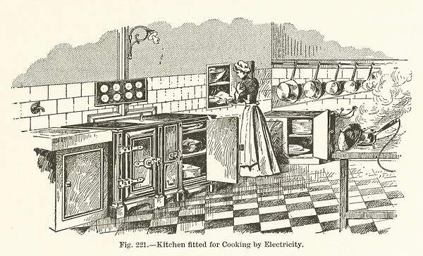 Kitchen fitted for Cooking by Electricity (engraving)