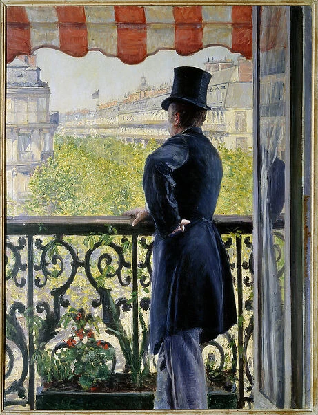 The man on the balcony An elegant man in a top hat rests on the railing of a balcony