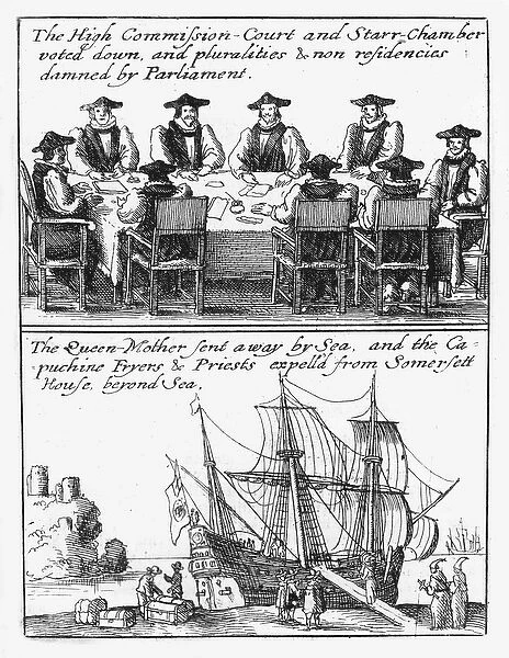Members of the Star Chamber; Queen Henrietta Maria sails from England, 1642 (etching)
