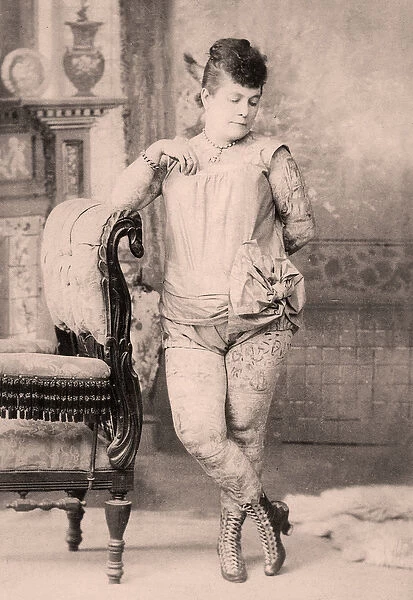 Portrait of Nora Hilderbrandt the tattooed woman, c. 1896 (b  /  w photo)