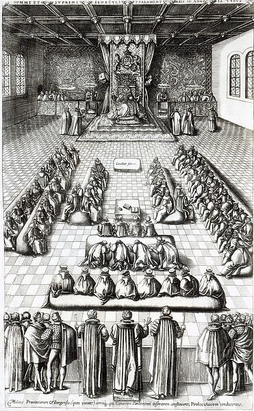 Queen Elizabeth I (1533-1603) in Parliament (engraving)