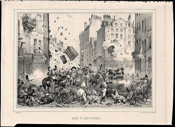 Rue Saint-Antoine in July 1830, engraved by H. Delaporte (litho)