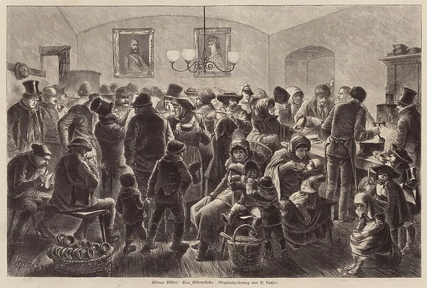 Scene in a warming room for the poor in Vienna, Austria (engraving)