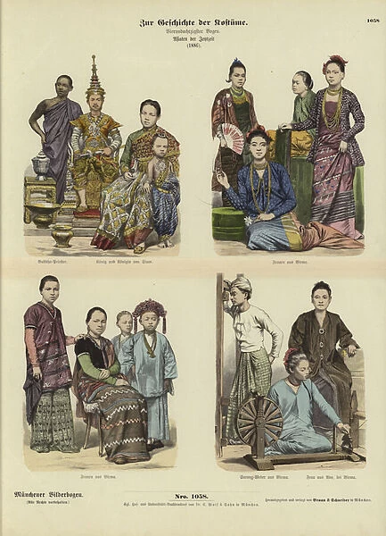 Siamese and Burmese costumes, 1886 (coloured engraving)