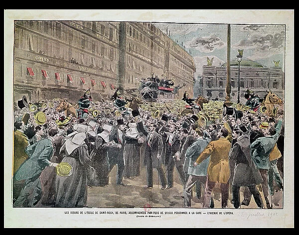 The Sisters of l'Ecole Saint-Roch in Paris Accompanied to the Station by 20, 000 People, Avenue de l'Opera, 22nd July 1902 (colour litho)