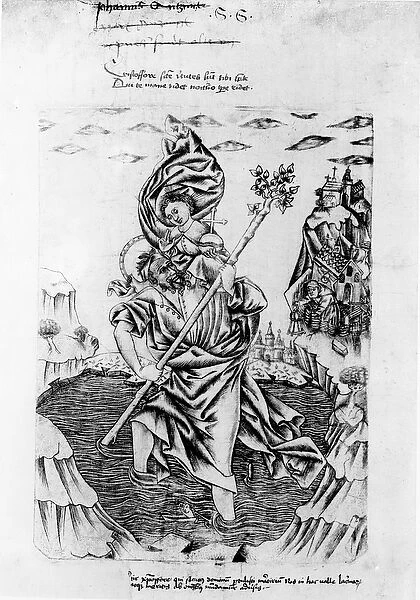 St. Christopher Carrying Christ across the River (engraving) (b  /  w photo)