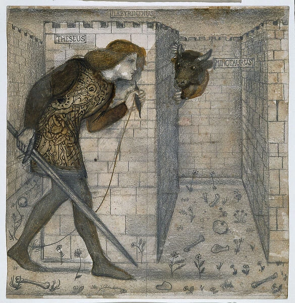 Theseus and the Minotaur in the Labyrinth, 1861 (pencil & wash on paper)