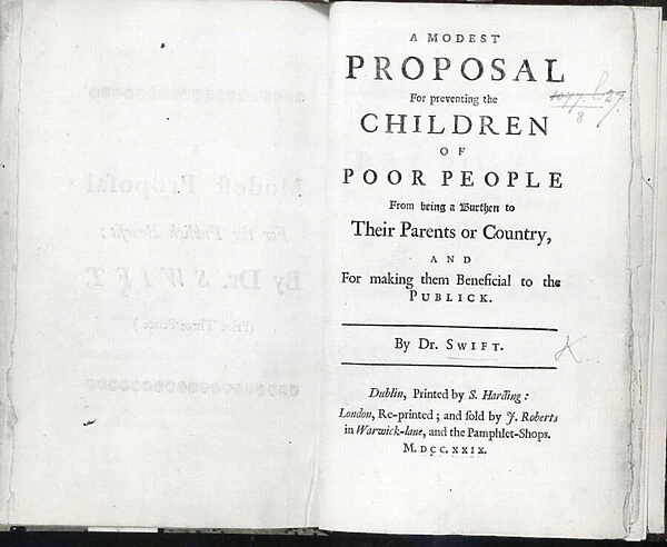Titlepage to A Modest Proposal by Jonathan Swift, published in 1729 (print)
