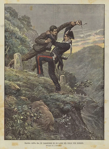 Tragic Fight Between A Carabiniere And A Thief On The Side Of A Ravine (Colour Litho)