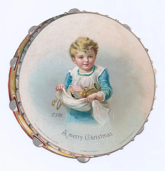 A Victorian die-cut shape Christmas card of a tambourine with an image of a child holding