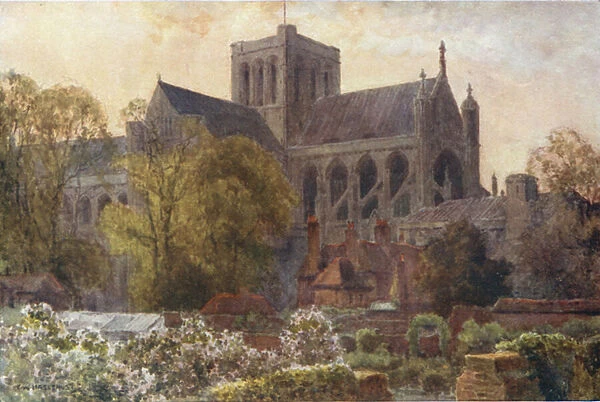 Winchester Cathedral from the Deanery Gardens (colour litho)