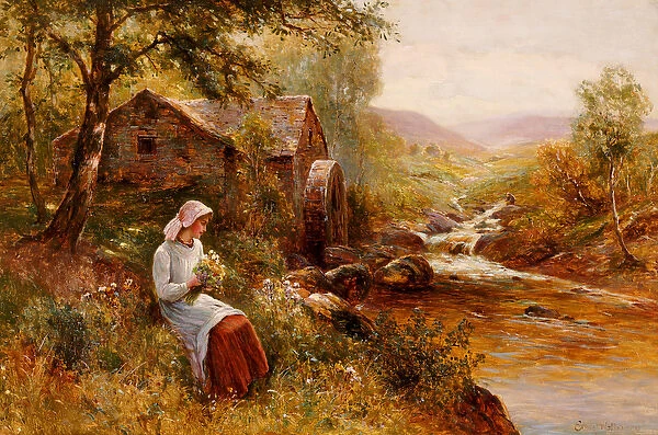 A Young Girl picking Spring Flowers (oil on canvas)