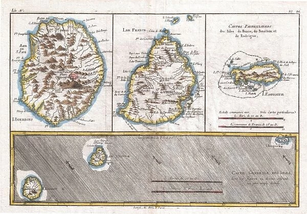 1780, Raynal and Bonne Map of Mascarene Islands, Reunion, Mauritius, Bourbon, Rigobert