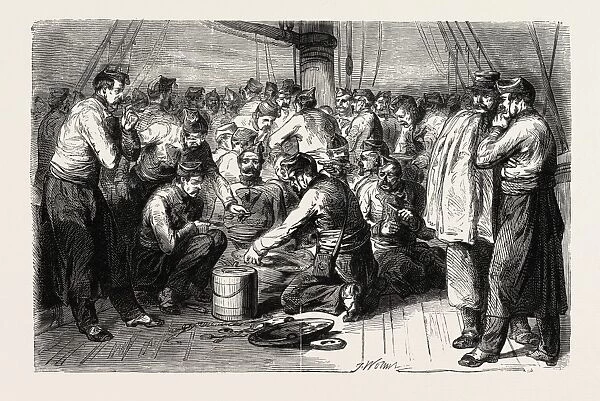 Types and faces of the Eastern Army. Prologue. Dinner on board. 1855. Engraving
