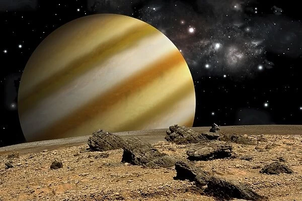 A large cloud covered planet rises over a rocky and barren alien world