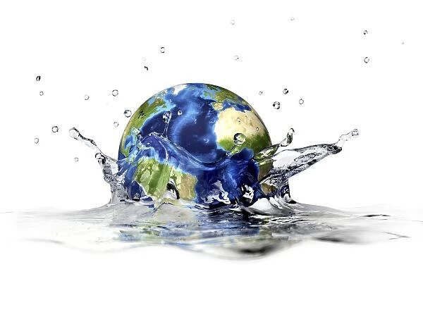 Planet Earth falling into clear water, forming a crown splash