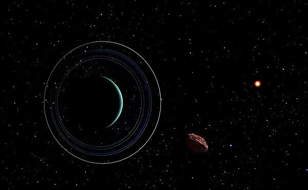 Uranus and most of its nine major rings along with the distant Sun and an inner satellite