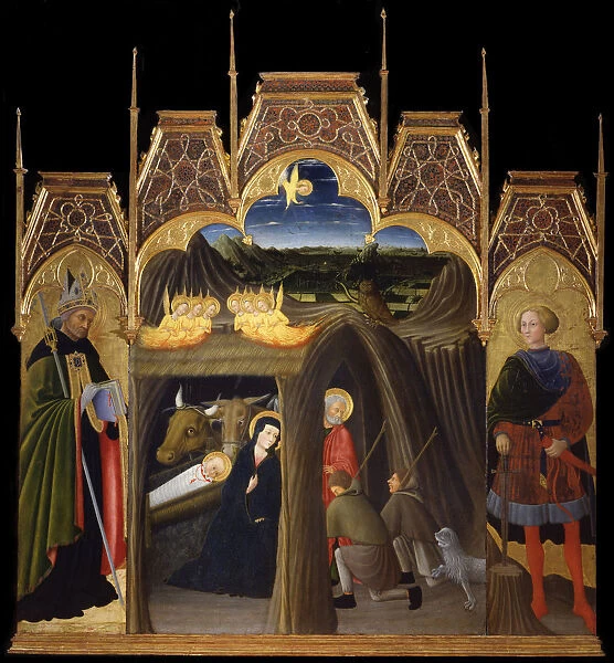 The Adoration of the Shepherds between Saints Augustine and Galgano, 1440-1449. Artist: Pietro di Giovanni d Ambrogio (ca 1410-1449)