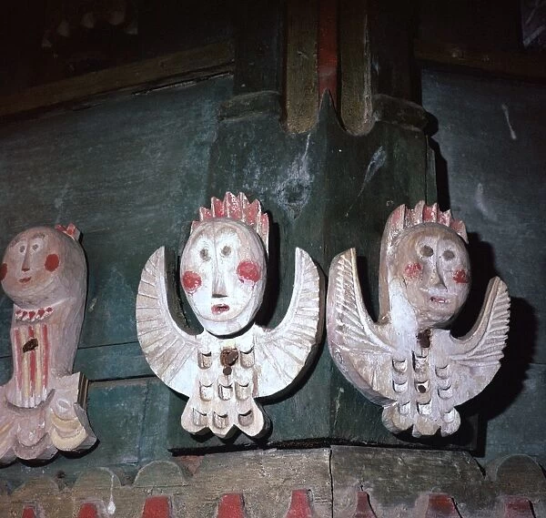 Carved and painted wooden angels from a church in Finland, 18th century