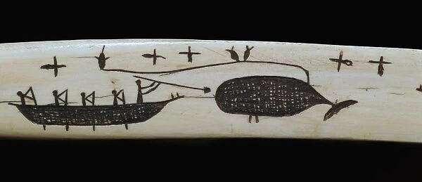 Carving of an Inuit whale-hunt on an ivory snow-knife, 19th century