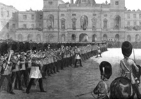 Guards trooping the colours in St Jamess Park on Her Majestys birthday, 1875