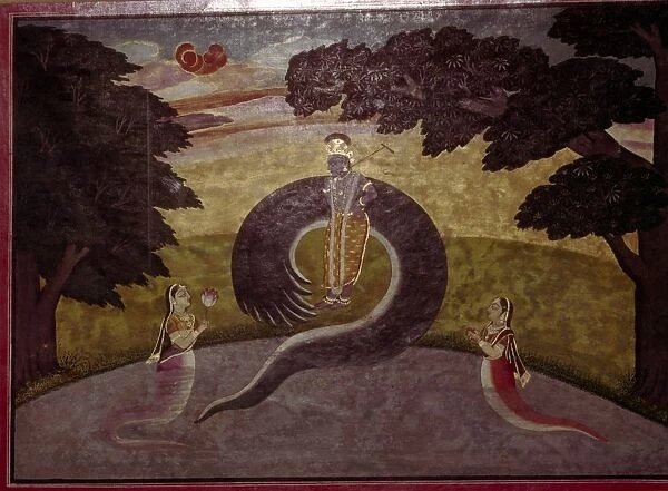 Krishna standing with subdued Kaliya Naag, his wives asking for mercy