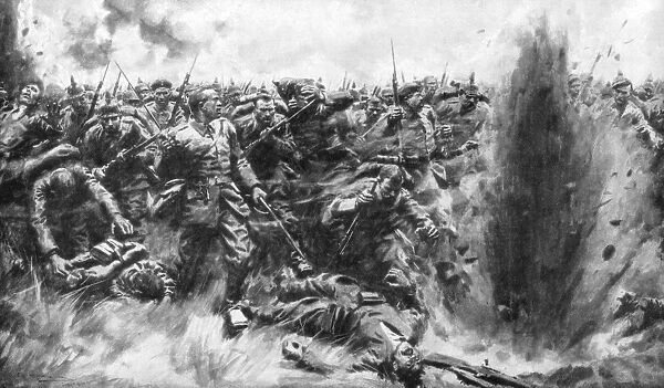 A Massive German Attack on the British Front, World War I, 1914 (1926). Artist: Arthur C Michael