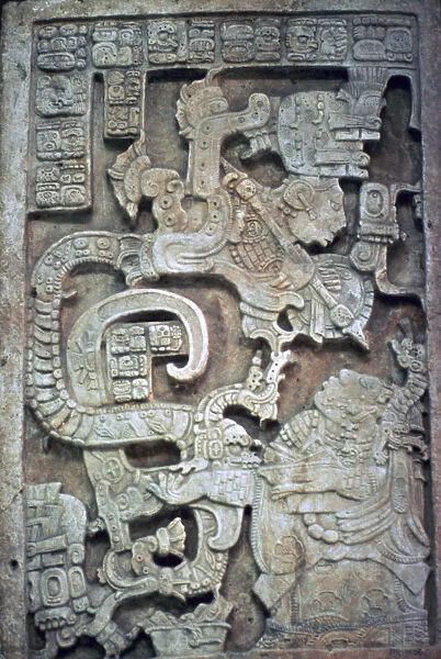 Mayan stone lintel showing a serpent god and priest