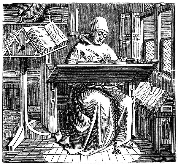 Monk at work on a manuscript in the corner of a scriptorium, 15th century