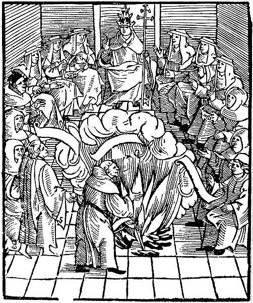 Pope Leo X supervising the burning of Martin Luthors books, 1521