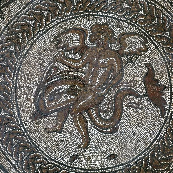 Detail of a Roman floor mosaic showing Cupid on a dolphin, 1st century