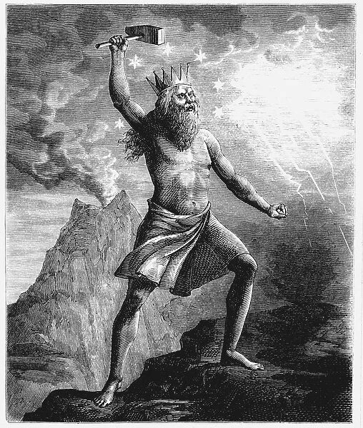 Thor, god of thunder in the Scandinavian pantheon, wielding his hammer, 1874
