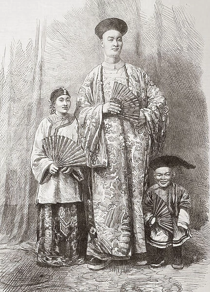 Zhan Shichai, 1841 - 1893. A Chinese giant who toured the world as 'Chang the Chinese Giant'in the 19th century, his stage name was 'Chang Woo Gow'. Seen here in 1865 with his wife, Kin Foo and his attendant dwarf, Chung. Changs height was reputed to be over 8 feet (2. 44 m). From The Illustrated London News, published 1865