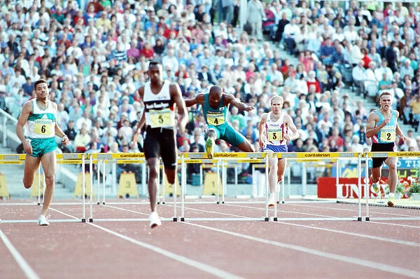 British hurdler Kriss Akabusi in action at a meeting in Britain after the 1992 Olympic